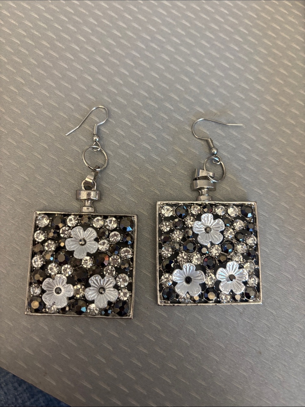 Silver Floral Crystal Square Drop Earrings in Black
